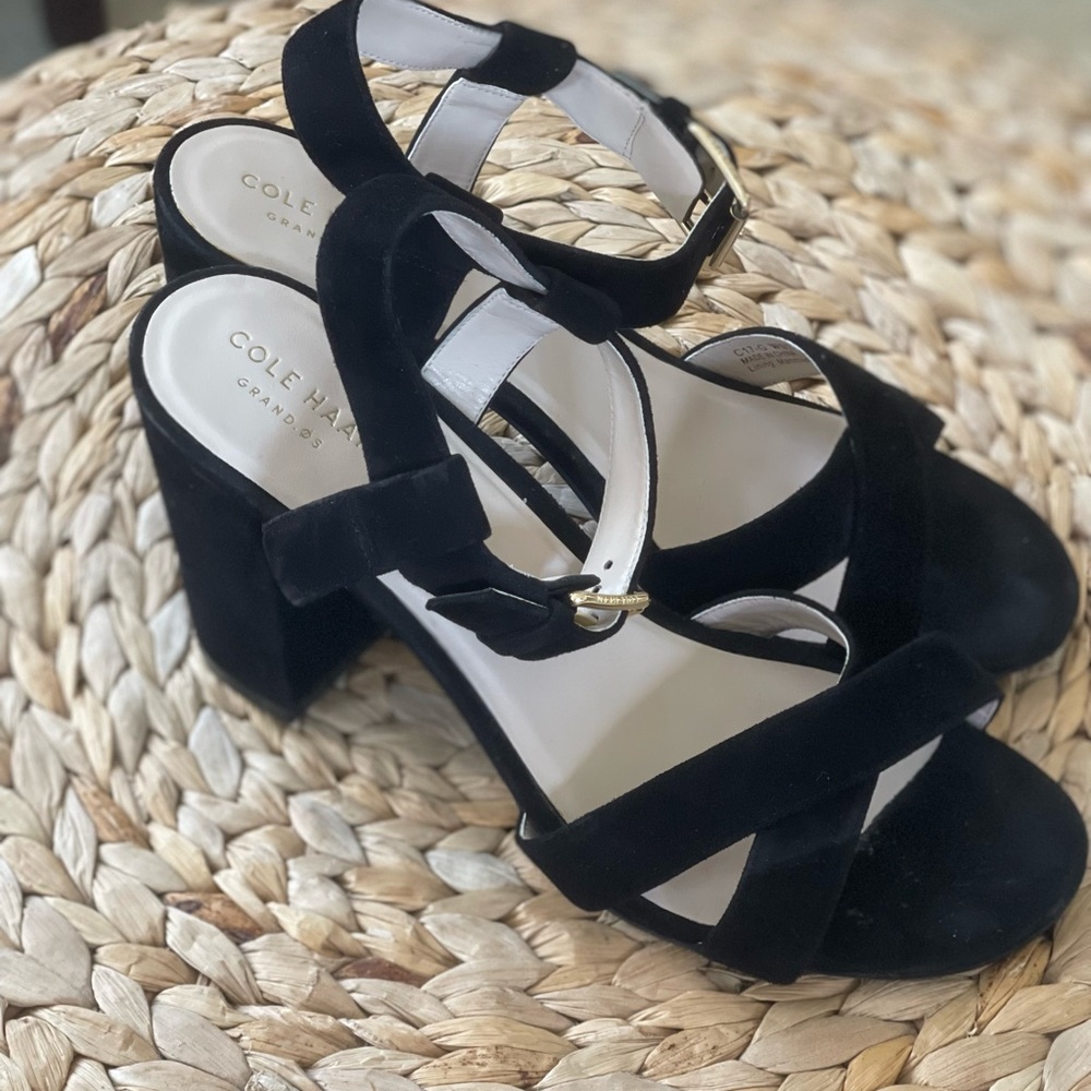 Elegant Cole Haan Classic Black Suede Women's Sandals with Gold Accent.